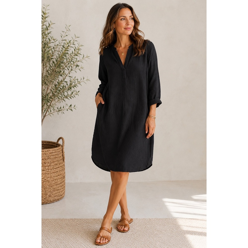 Chico's Black Gauze Shift Dress Size 14 Boho Minimalist Quiet Luxury Pockets 2.5